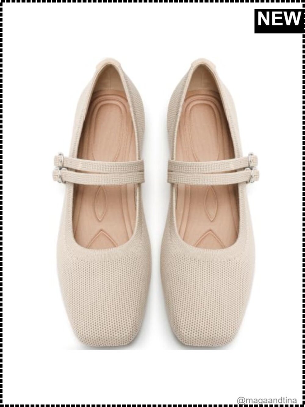 Woven Knit Ballet Flats Foldable Mary Jane Adjustable Strap Cushioned Sole